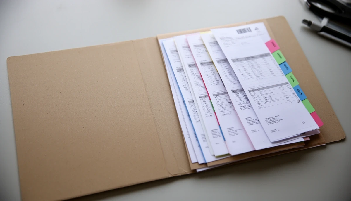 Carpeta de cartón abierta con facturas impresas ordenadas por mes y separadores de colores